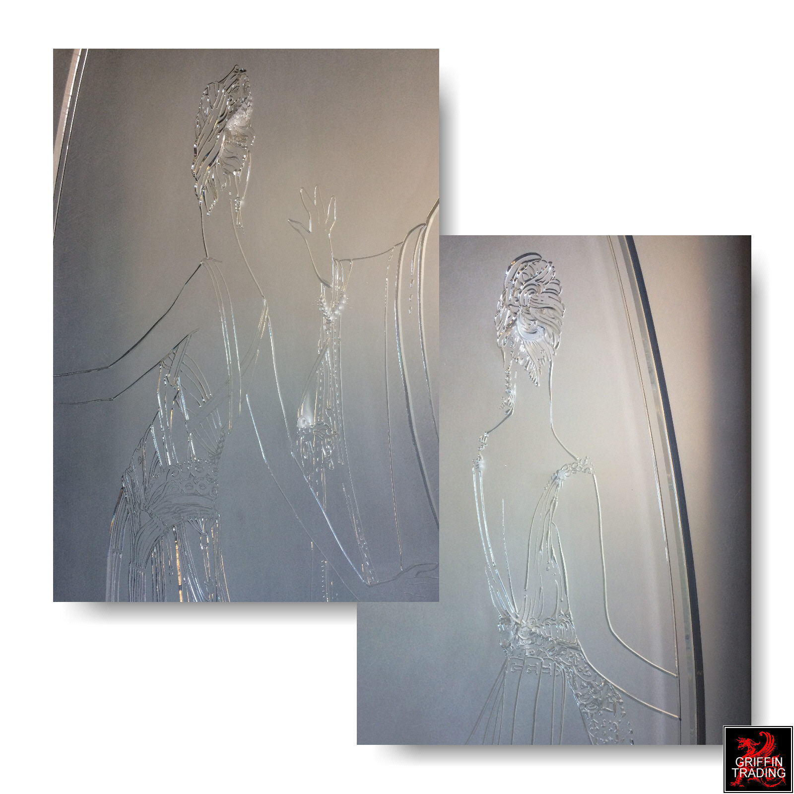 Etched glass panels from a women's boutique.